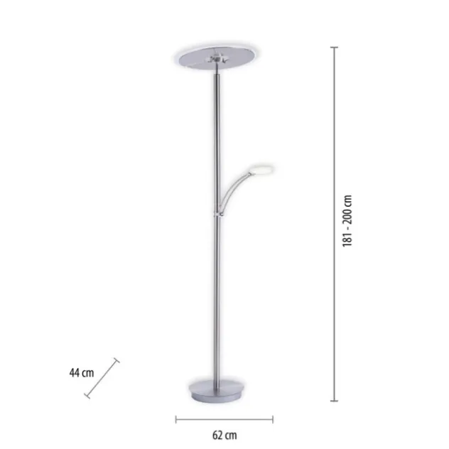 LED-Stehleuchte in stahlfarben mit Lesearm und Lichtfarbsteuerung mit Memory- und Dimmfunktion