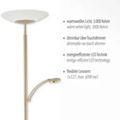 LED Stehleuchte, messing matt, inkl. Leselampe, inkl. Tastdimmer, modern
