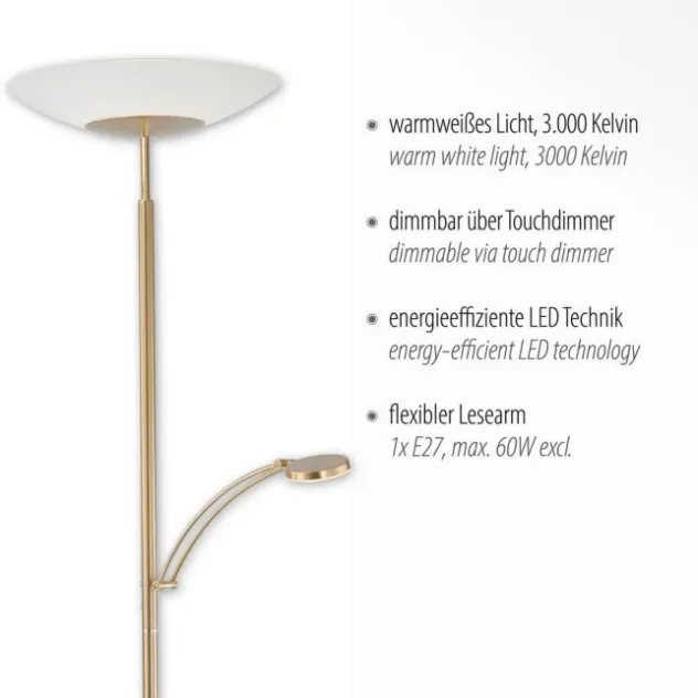 LED Stehleuchte, messing matt, inkl. Leselampe, inkl. Tastdimmer, modern