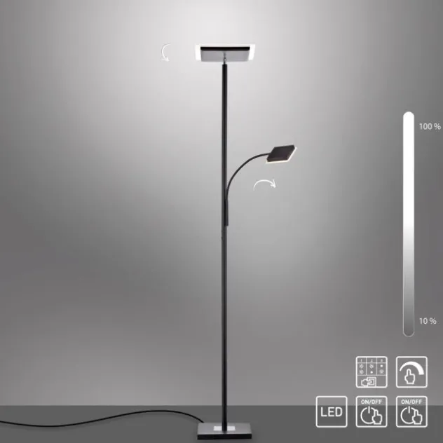 LED-Stehleuchte, schwarz, dimmbar, Lesearm, Deckenfluter