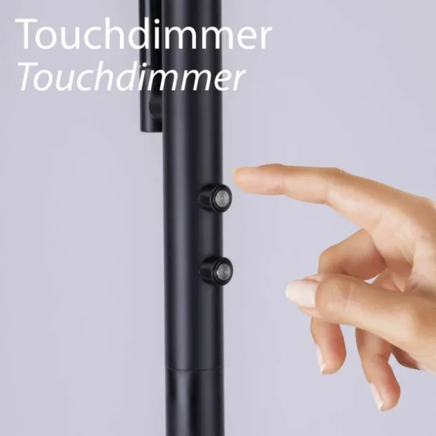 LED-Stehleuchte, schwarz, dimmbar, Touchdimmer, Lesearm, Fluterkopf einstellbar
