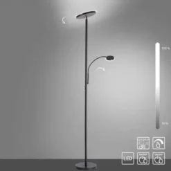 LED-Stehleuchte, schwarz, dimmbar, Touchdimmer, Lesearm, Fluterkopf einstellbar