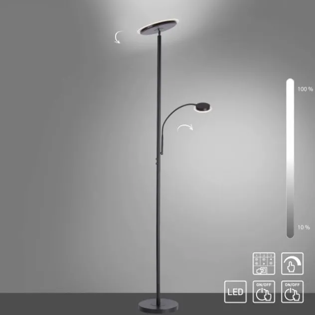 LED-Stehleuchte, schwarz, dimmbar, Touchdimmer, Lesearm, Fluterkopf einstellbar