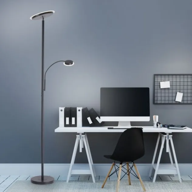 LED-Stehleuchte, schwarz, dimmbar, Touchdimmer, Lesearm, Fluterkopf einstellbar