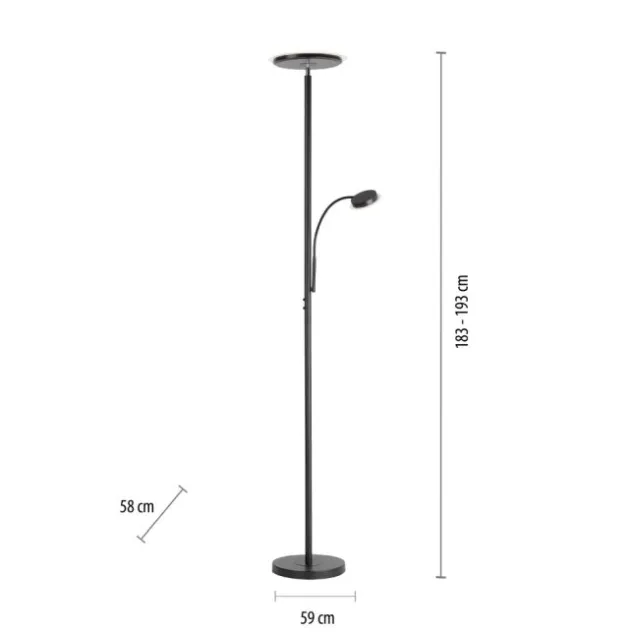 LED-Stehleuchte, schwarz, dimmbar, Touchdimmer, Lesearm, Fluterkopf einstellbar