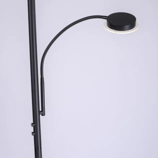 LED-Stehleuchte, schwarz, dimmbar, Touchdimmer, Lesearm, Fluterkopf einstellbar
