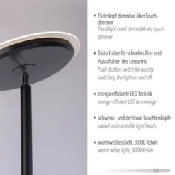 LED-Stehleuchte, schwarz, dimmbar, Touchdimmer, Lesearm, Fluterkopf einstellbar