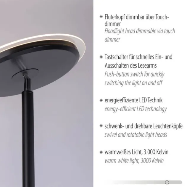 LED-Stehleuchte, schwarz, dimmbar, Touchdimmer, Lesearm, Fluterkopf einstellbar