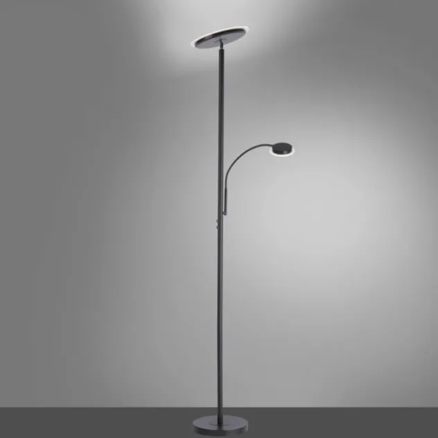 LED-Stehleuchte, schwarz, dimmbar, Touchdimmer, Lesearm, Fluterkopf einstellbar