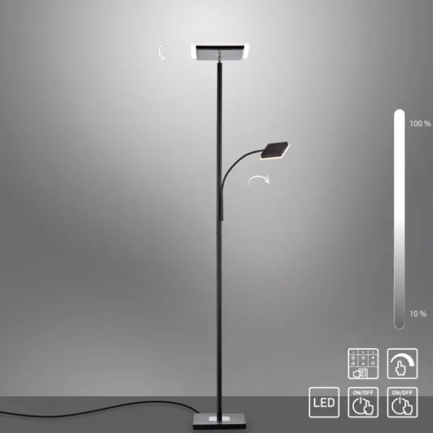 LED Stehleuchte, schwarz, dimmbar Touchdimmer Lesearm zuschaltbar, eckig