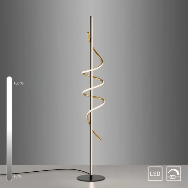 LED Stehleuchte schwarz messing dimmbar per Schnurdimmer geschwungen