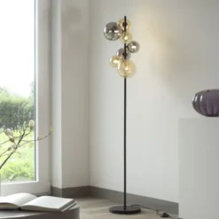 LED Stehleuchte schwarz rund Fußschalter Rauchgläser Ambergläser
