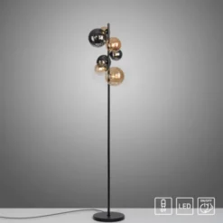 LED Stehleuchte schwarz rund Fußschalter Rauchgläser Ambergläser