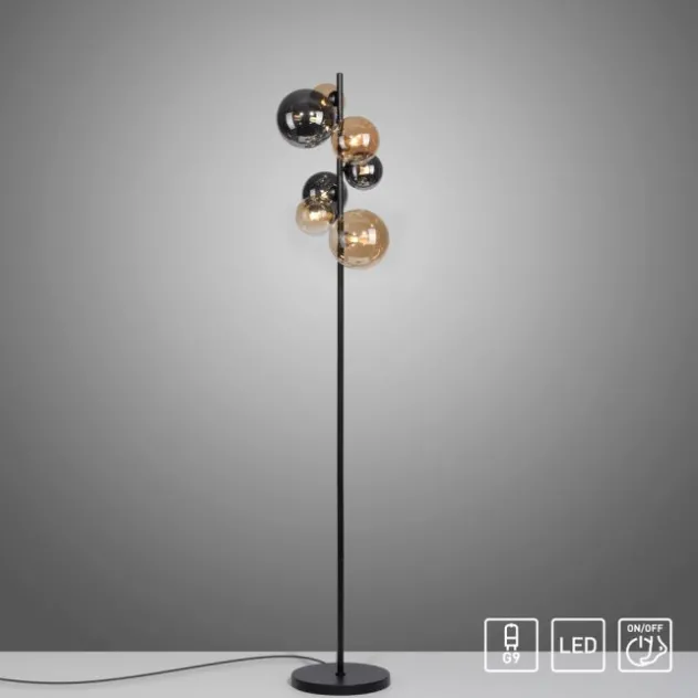LED Stehleuchte schwarz rund Fußschalter Rauchgläser Ambergläser