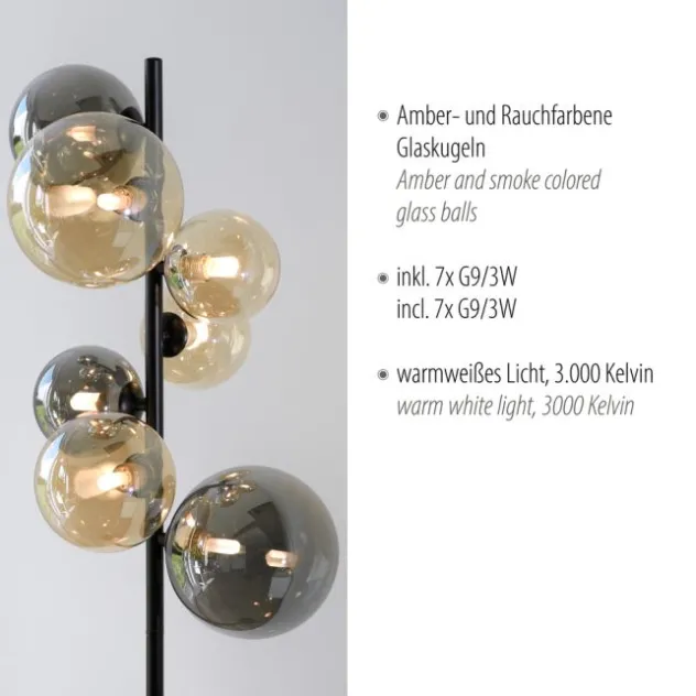 LED Stehleuchte schwarz rund Fußschalter Rauchgläser Ambergläser