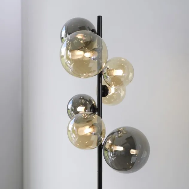 LED Stehleuchte schwarz rund Fußschalter Rauchgläser Ambergläser