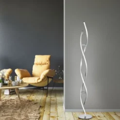 LED Stehleuchte, stahlfarben, geschwungene Form, dimmbar, modern, design