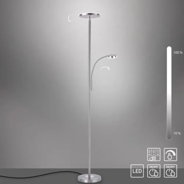 LED-Stehleuchte, stahlfarben, flexibler Lesearm, dimmbar, modern