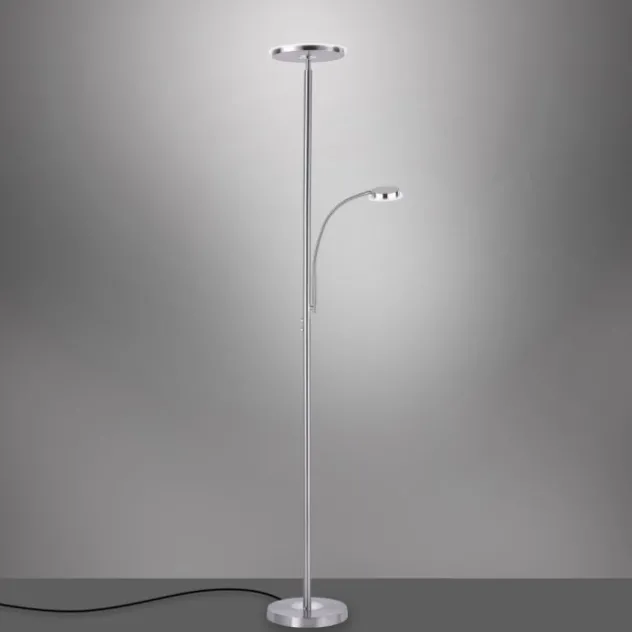 LED-Stehleuchte, stahlfarben, flexibler Lesearm, dimmbar, modern