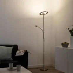 LED-Stehleuchte, stahlfarben, App, Fernbedienung, dimmbar