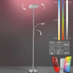 LED-Stehleuchte, stahlfarben, App, Fernbedienung, dimmbar