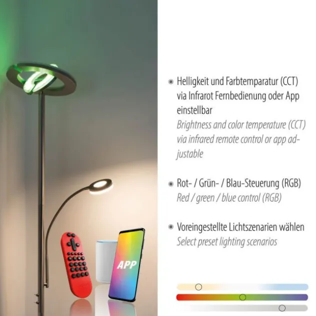 LED-Stehleuchte, stahlfarben, App, Fernbedienung, dimmbar