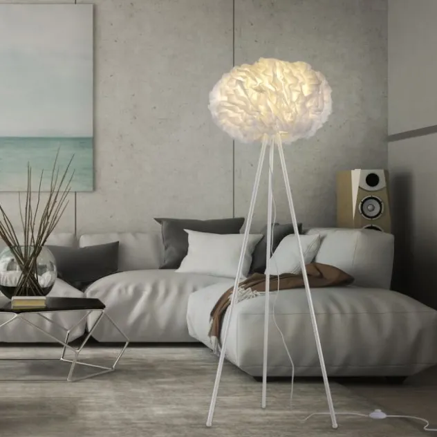 LED-Stehleuchte, weiß, Stoff, dimmbar, Fernbedienung, App