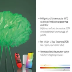 LED-Stehleuchte, weiß, Stoff, dimmbar, Fernbedienung, App