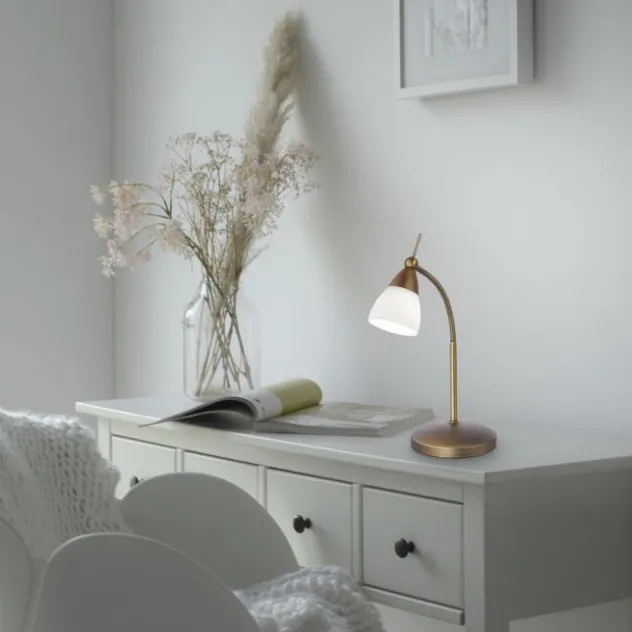 LED-Tischleuchte, altmessing, Flexarm, Touchdimmer, blendfrei, warmweiß