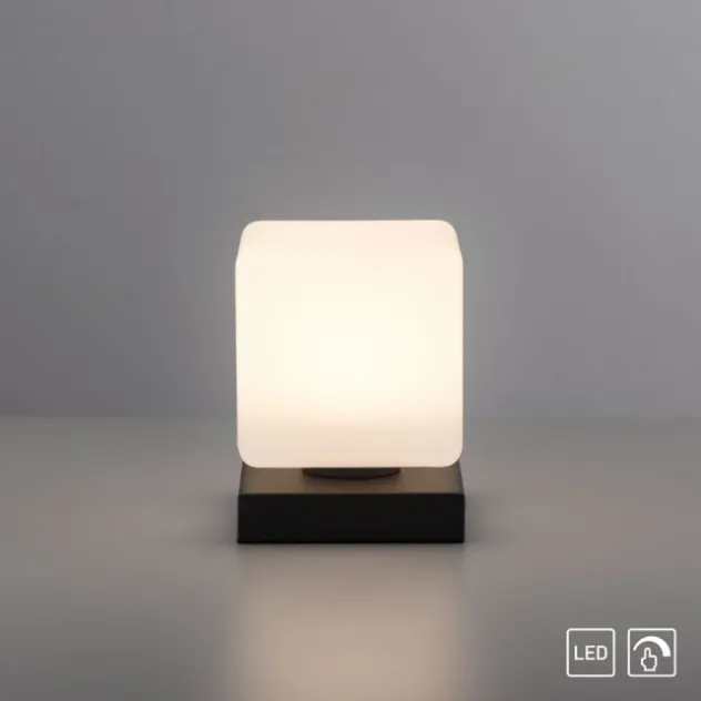 LED Tischleuchte anthrazit farbig Würfelform Touchdimmer zeitloses Design