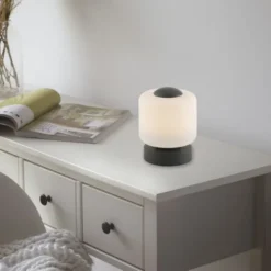 LED Tischleuchte anthrazit farbig rund Touchdimmer zeitloses Design