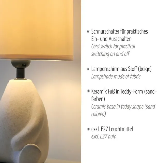 LED Tischleuchte beige Männchen sitzend Stoffschirm mit Schnurschalter