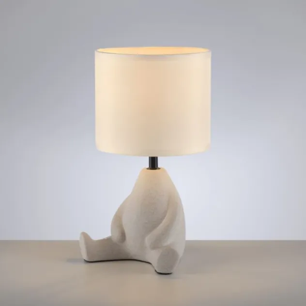 LED Tischleuchte beige Männchen sitzend Stoffschirm mit Schnurschalter