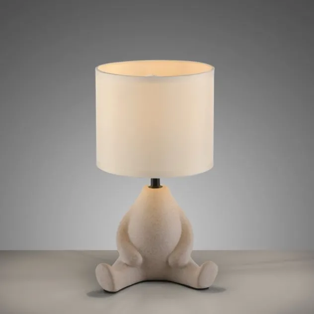 LED Tischleuchte beige Männchen sitzend Stoffschirm mit Schnurschalter