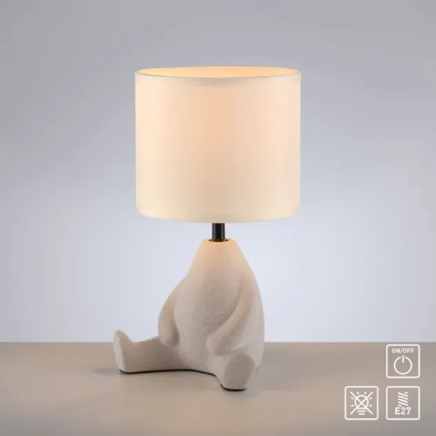 LED Tischleuchte beige Männchen sitzend Stoffschirm mit Schnurschalter