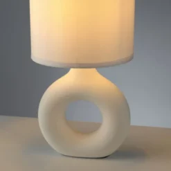 LED Tischleuchte beige Schalter Stoffschirm Beistelllampe Nachttisch