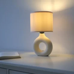 LED Tischleuchte beige Schalter Stoffschirm Beistelllampe Nachttisch