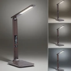 LED Tischleuchte, braun, Dimmfunktion, Induktionsladefläche, Displayanzeige