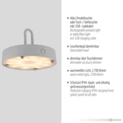 LED Tischleuchte D=46cm greige Akkulampe USB IP44 dimmbar per Touch