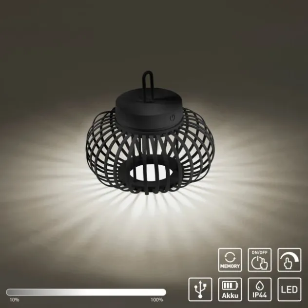 LED Tischleuchte D=25cm schwarz Akkulampe USB IP44 dimmbar per Touch