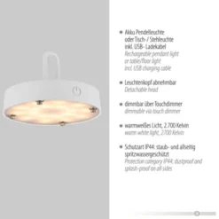 LED Tischleuchte D=46cm weiß Akkulampe USB IP44 dimmbar per Touch