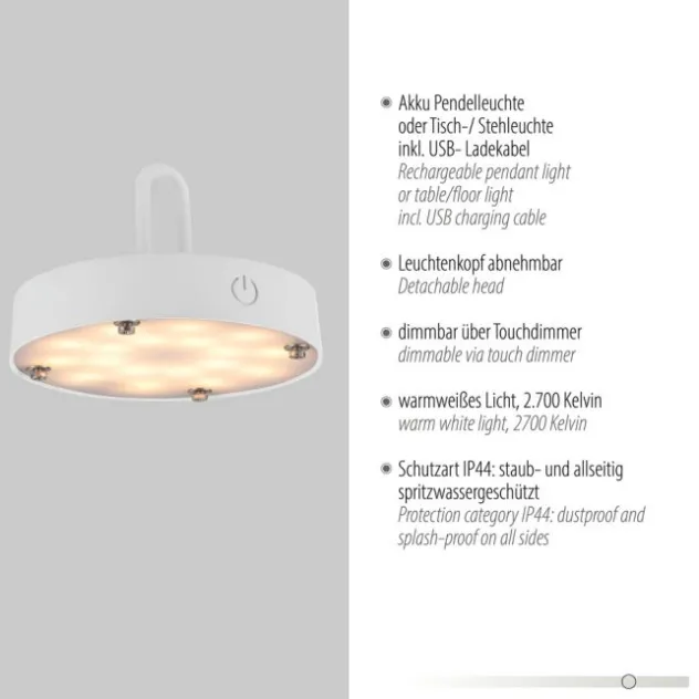 LED Tischleuchte D=46cm weiß Akkulampe USB IP44 dimmbar per Touch
