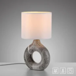 LED Tischleuchte grau Marmor Optik weißer Stoffschirm mit Schalter