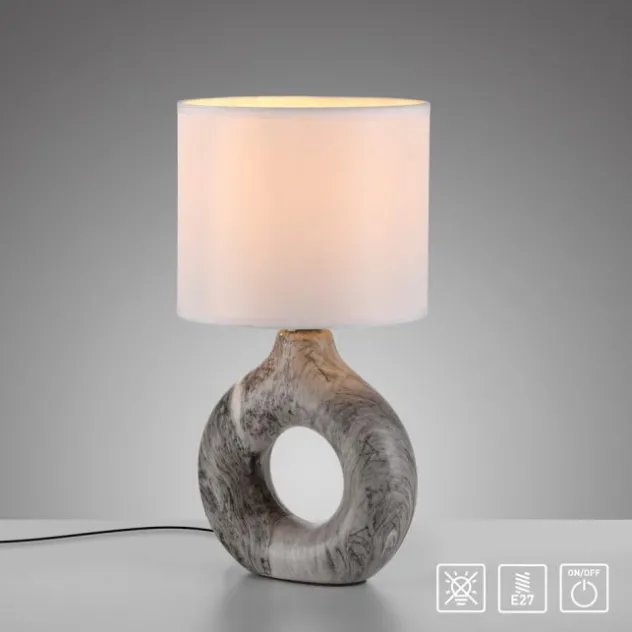 LED Tischleuchte grau Marmor Optik weißer Stoffschirm mit Schalter