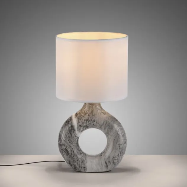 LED Tischleuchte grau Marmor Optik weißer Stoffschirm mit Schalter