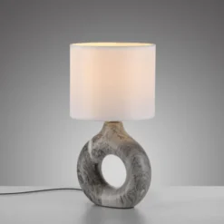LED Tischleuchte grau Marmor Optik weißer Stoffschirm mit Schalter