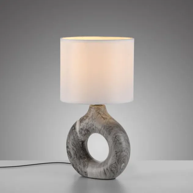 LED Tischleuchte grau Marmor Optik weißer Stoffschirm mit Schalter