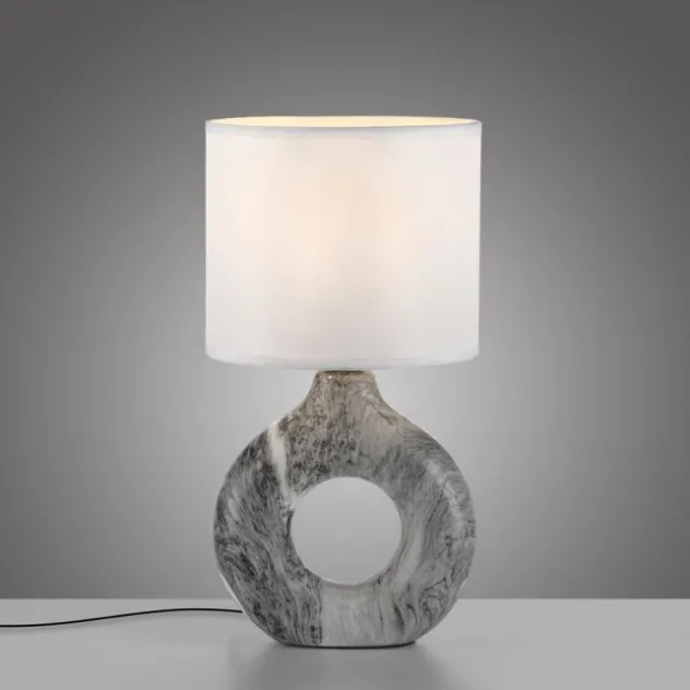 LED Tischleuchte grau Marmor Optik weißer Stoffschirm mit Schalter