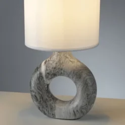 LED Tischleuchte grau Marmor Optik weißer Stoffschirm mit Schalter