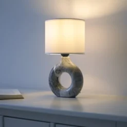 LED Tischleuchte grau Marmor Optik weißer Stoffschirm mit Schalter